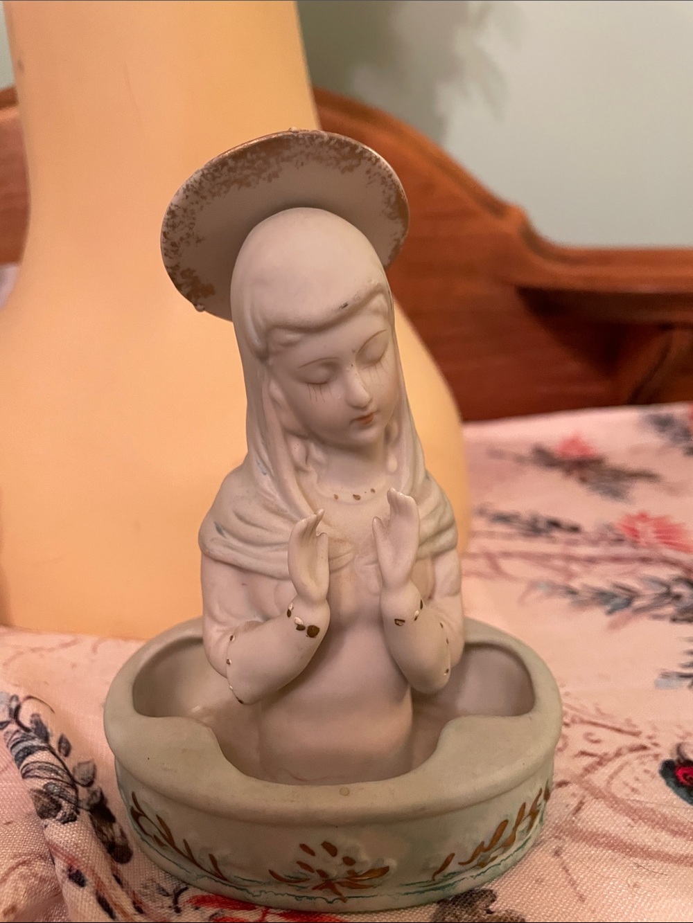 Vintage Napco Bisque Holy Water Font Mother Mary Halo Religious Figurine